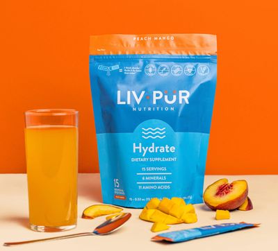 LivPur Nutrition Hydrate Hydration Powder w/Electrolytes | Essential Amino Acids &amp; Nutrients | NSF Certified for Sport, No Artificial Flavors | Easy Single-Serve Sticks | Peach Mango, 15 Sticks