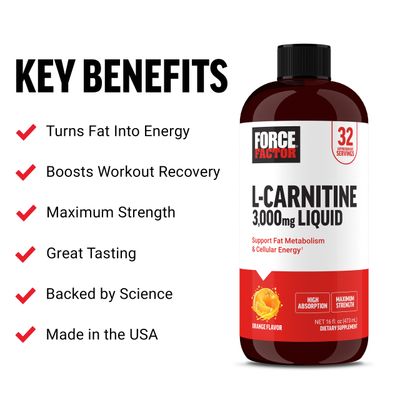 Force Factor L Carnitine Supplement, Liquid L-Carnitine 3000 mg to Help Turn Fat Into Energy, Support Muscle Recovery, and Boost Cellular Energy, Maximum Strength, Non-GMO, Orange Flavor, 16 Oz.