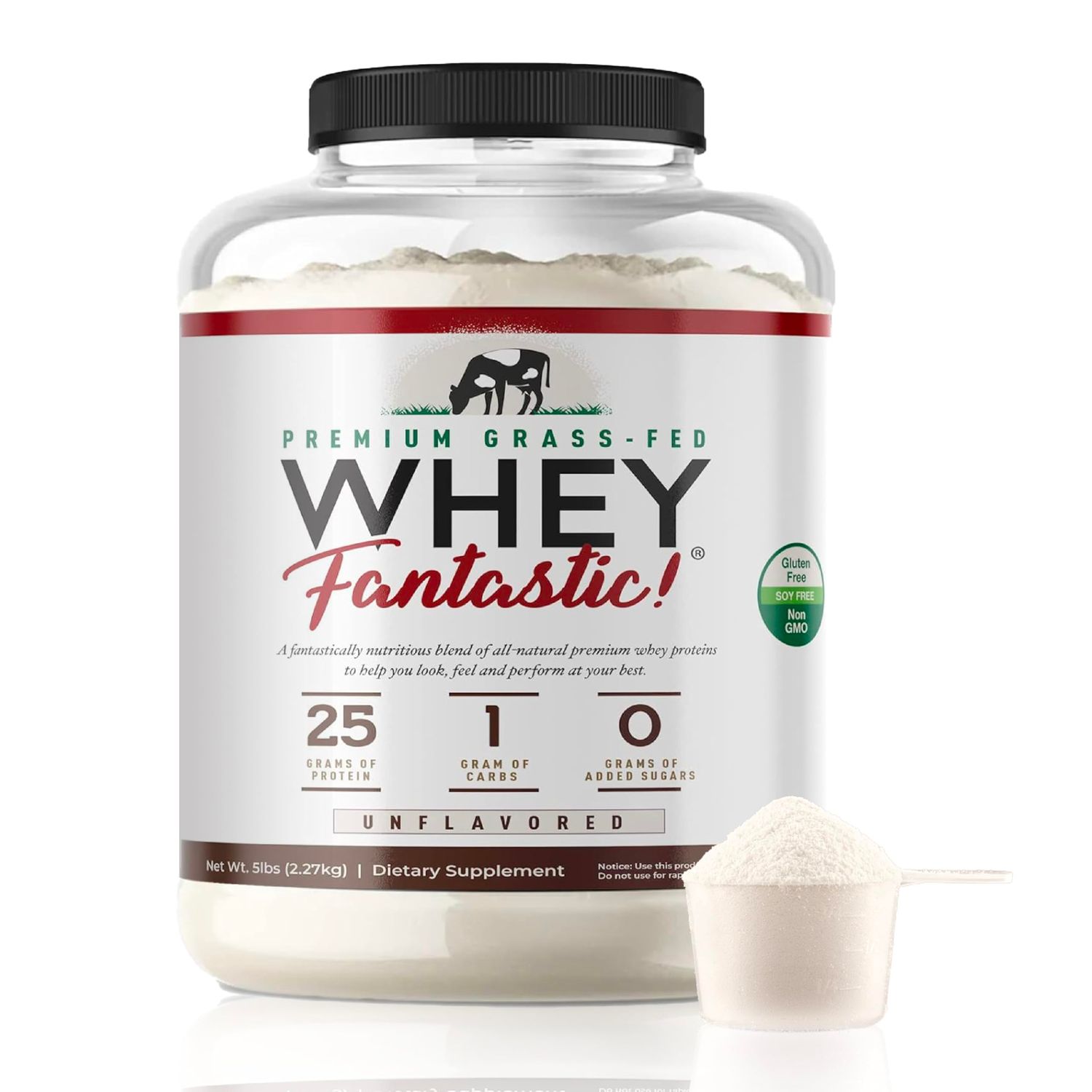 Whey Fantastic Unflavored - 100% Natural Grass Fed Whey Protein Powder - Unique 3-Whey Blend of Whey Isolate, Concentrate &amp; Hydrolysate Provides 25g of Protein per Serving - 5lb - 75 Servings