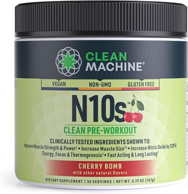 Clean Machine N10s Plant-Based Pre Workout Powder - Vegan Energy Supplement with 3 Clinically Tested Patented Ingredients for Muscle Size, Strength, Pump &amp; Endurance - Sugar Free, Non-GMO, 30 Servings