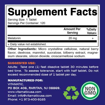 Vitamatic Melatonin 20mg Tablets | Vegetarian, Non-GMO, Gluten Free | HIGH Potency 20 MG | Natural Berry Flavor 120 Tablets