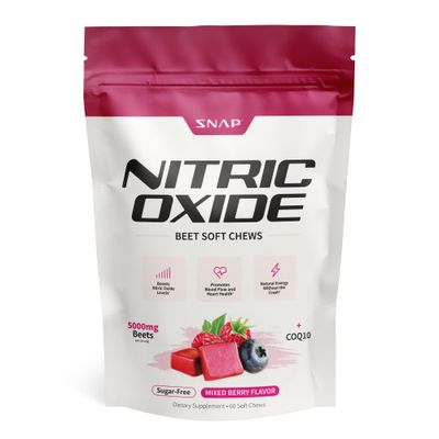 Snap Supplements Nitric Oxide Beet Chews, Nitric Oxide Booster, Natural Energy, Organic Beetroot Powder and COQ10, Support Healthy Blood Flow and Blood Circulation, Sugar-Free, 60 Soft Chews