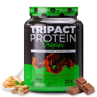 Nutrology TRIPACT Vegan Protein Powder, for Vegan Protein Shakes or Meal Replacement with Organic Pea Protein Powder, Pumpkin Protein, BCAAs &amp; Glutamine, Non-GMO, Chocolate Peanut Butter, 20 Servings