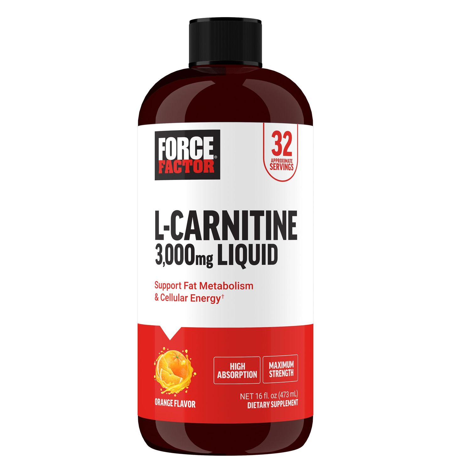 Force Factor L Carnitine Supplement, Liquid L-Carnitine 3000 mg to Help Turn Fat Into Energy, Support Muscle Recovery, and Boost Cellular Energy, Maximum Strength, Non-GMO, Orange Flavor, 16 Oz.