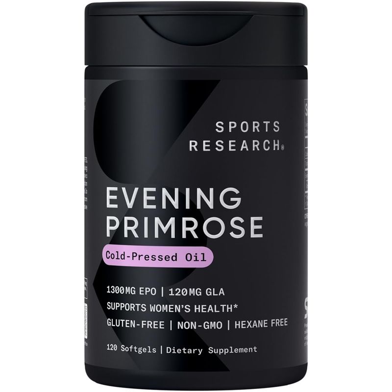 Sports Research Evening Primrose Supplement from Cold Pressed Oil - Softgels for Womens Health &amp; Skin Health - Gluten Free &amp; Non-GMO GLA - High Potency 1300mg, 120 Count