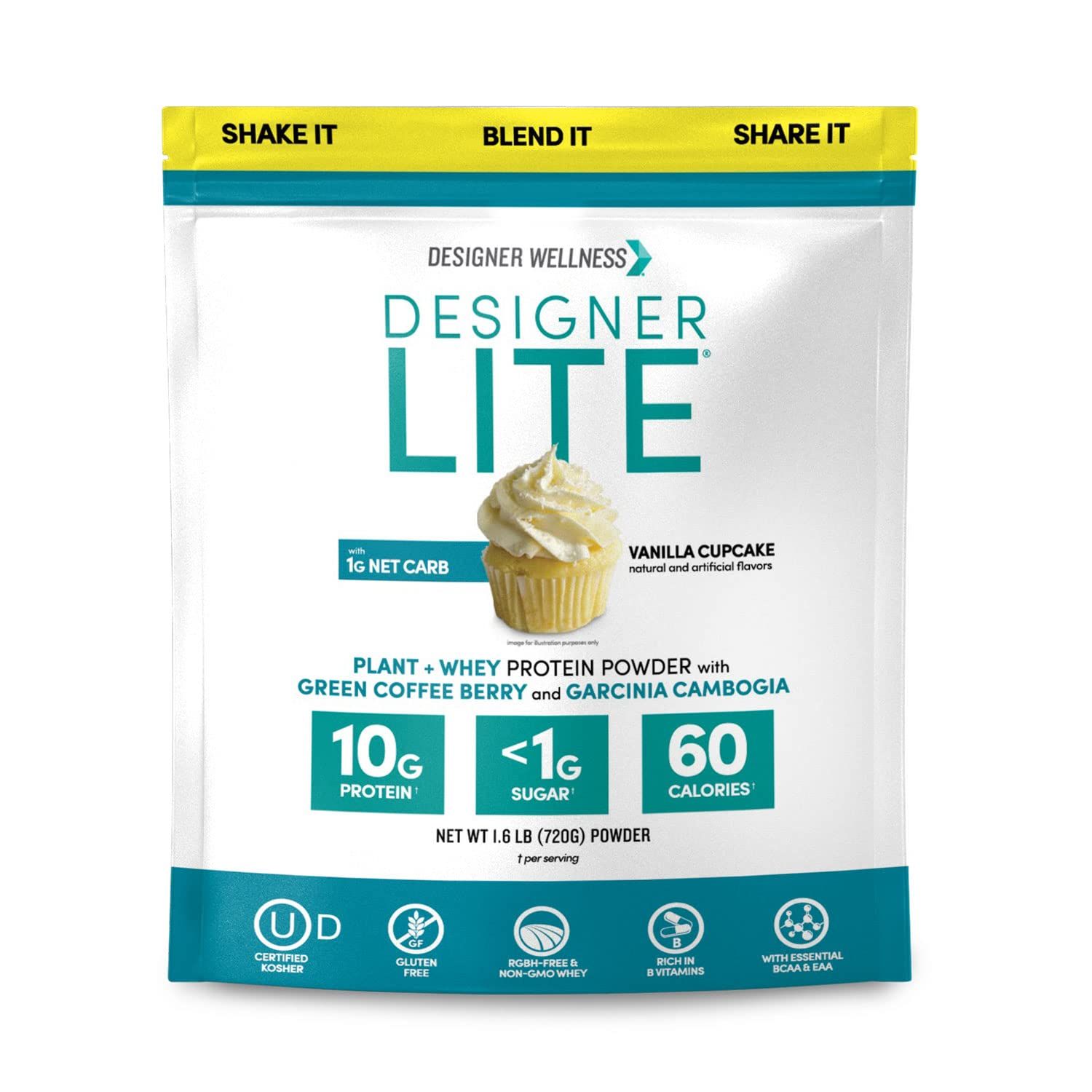 Designer Wellness, Designer Lite, Low Calorie Natural Protein, Prebiotic Fiber, Key Vitamins &amp; Minerals, Vanilla Cupcake, 25.6 Ounces