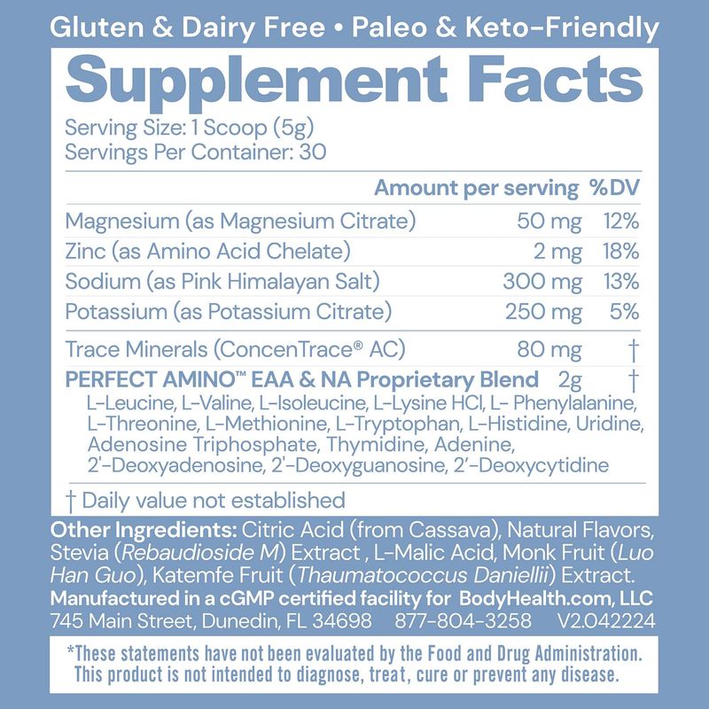 BodyHealth PerfectAmino Electrolytes Powder, Hydration Powder, Sugar Free Electrolyte Drink Mix, Keto Electrolytes Powder, Non GMO, Mixed Berry Flavor (30 Servings)