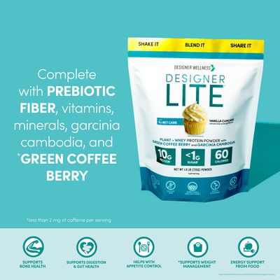Designer Wellness, Designer Lite, Low Calorie Natural Protein, Prebiotic Fiber, Key Vitamins &amp; Minerals, Vanilla Cupcake, 25.6 Ounces