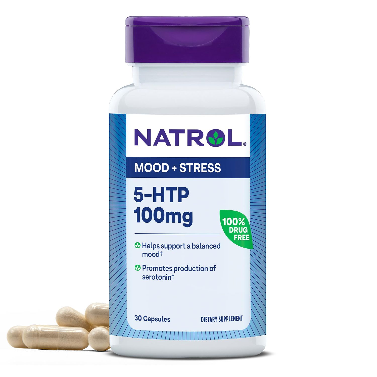 Natrol Mood + Stress 5-HTP 100 mg, Dietary Supplement for a Balanced Mood, Capsules for Adults, 30 Capsules, Up to a 30 Day Supply