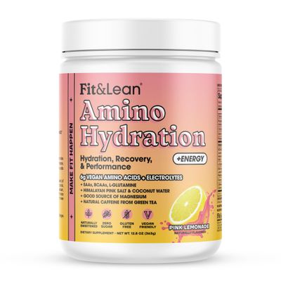 Fit&amp;Lean Amino Hydration Plus Energy, Naturally Sweetened Pre Workout Powder, 6g Vegan Amino Acids, EAA, BCAA, Glutamine, Electrolytes &amp; Natural Caffeine, Pink Lemonade, 30 Servings