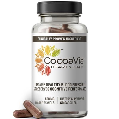 CocoaVia Heart &amp; Brain Supplement, 30 Day, Cocoa Flavanol Extract, Memory &amp; Circulation Booster, Nitric Oxide, Boost Oxygen &amp; Energy, Plant Based, Gluten Free, Vegan, 60 Capsules