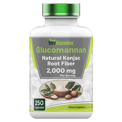 tnvitamins Glucomannan Capsules 2000 MG - 250 Count | Natural Konjac Root Fiber Extract Powder Supplement | Soluble, Dietary, &amp; Digestive Fiber Pills | Produced in The USA | Non-GMO &amp; Gluten Free