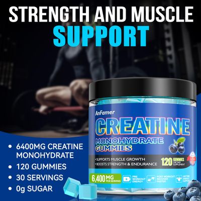 Creatine Monohydrate Gummies for Men &amp; Women 6400mg per Serving,Increase Strength and Build Muscle,Energy &amp; Booty Gain,Preworkout Supplement,Sugar Free,Vegan,Chewables Blueberry Flavor-120 Count