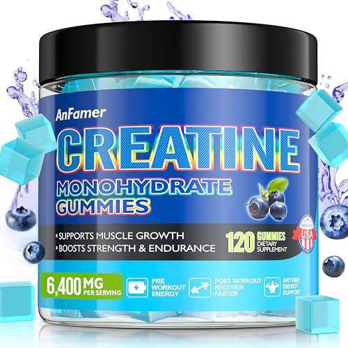 Creatine Monohydrate Gummies for Men &amp; Women 6400mg per Serving,Increase Strength and Build Muscle,Energy &amp; Booty Gain,Preworkout Supplement,Sugar Free,Vegan,Chewables Blueberry Flavor-120 Count