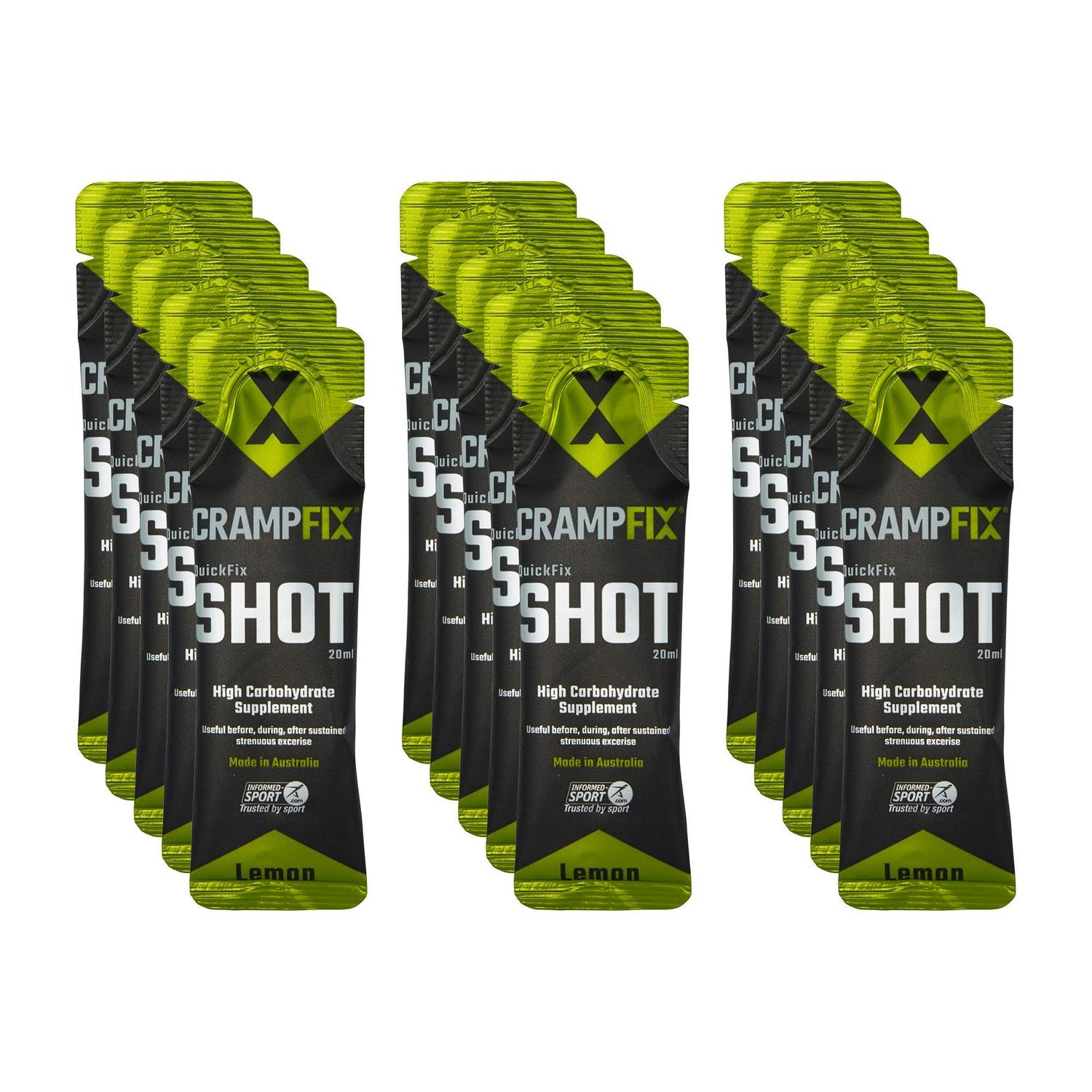 CrampFix Sports Shot, Prevents and Relieves Muscle Cramps in Seconds, Easy Carry Sachets, 15 Pack, All Natural, Lemon