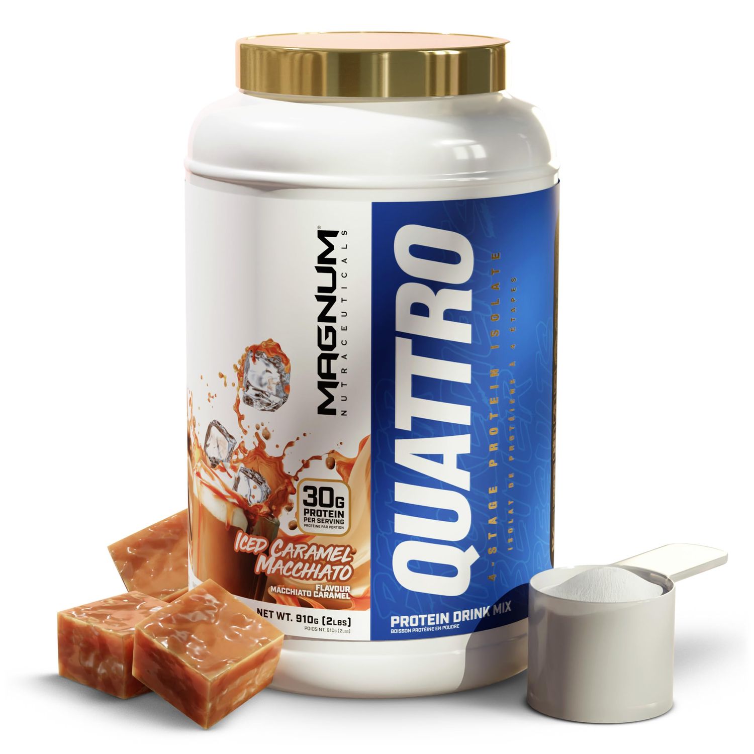 Magnum Nutraceuticals Quattro Whey Protein Powder, Iced Caramel Macchiato 2lb - Premium Protein Isolate Blend for Muscle Growth &amp; Recovery