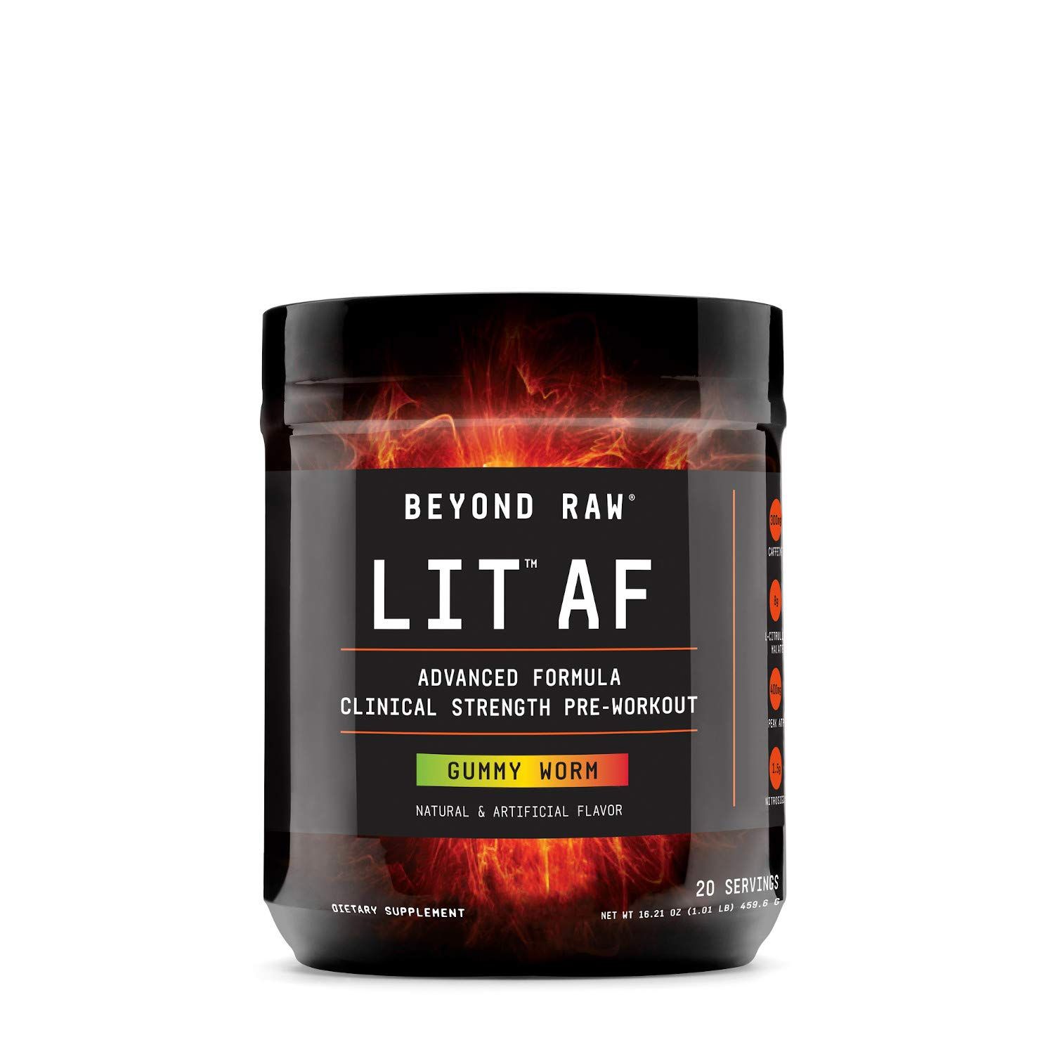BEYOND RAW LIT AF | Advanced Formula Clinical Strength Pre-Workout Powder | Contains Caffeine, L-Citruline, and Nitrosigine | Gummy Worm | 20 Servings