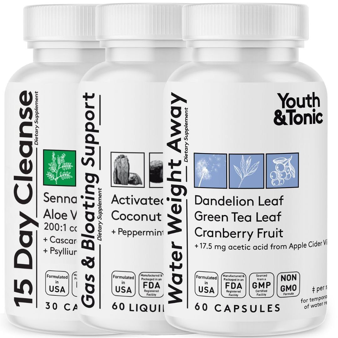 Youth &amp; Tonic 3X Belly Bloating Pills for Puffiness, Water Debloat, Stomach, Gut &amp; Colon Cleanse Detox | with Liquid Activated Charcoal, Coconut &amp; Peppermint Oil, Senna Leaf &amp; More | 150 Capsules