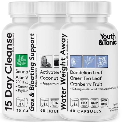 Youth &amp; Tonic 3X Belly Bloating Pills for Puffiness, Water Debloat, Stomach, Gut &amp; Colon Cleanse Detox | with Liquid Activated Charcoal, Coconut &amp; Peppermint Oil, Senna Leaf &amp; More | 150 Capsules