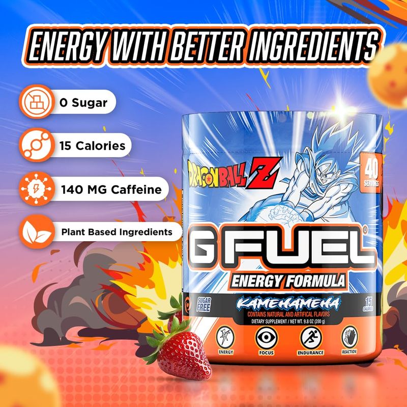 G Fuel Dragon Ball Z Energy Drink Powder, Pre Workout Caffeine Powder, Energy Powder Drink Mix for Gaming, Sugar Free Focus Amino, Vitamin + Antioxidants, 9.8oz (Strawberry Lychee, 40 Servings)