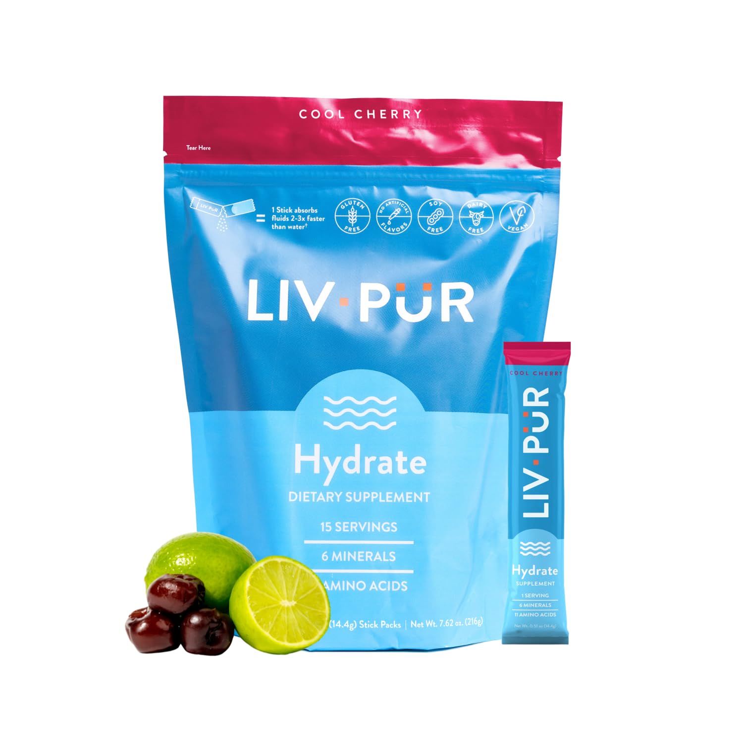 LivPur Nutrition Hydrate Hydration Powder w/Electrolytes | Essential Amino Acids &amp; Nutrients | NSF Certified for Sport, No Artificial Flavors | Easy Single-Serve Sticks | Cool Cherry, 15 Sticks