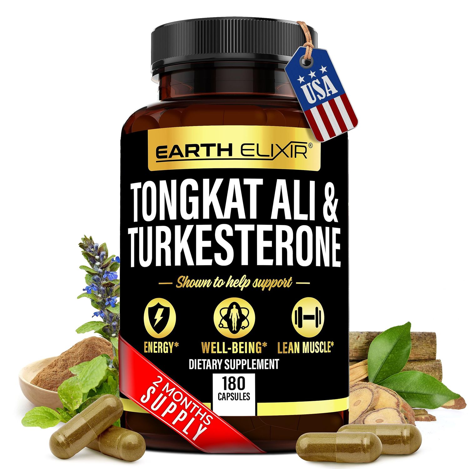 Earth Elixir Turkesterone 1000mg and Tongkat Ali 400mg Supplement (180 Capsules) - Made in USA - Max Purity - Tongkat Ali Extract and Turkesterone Supplement for Men - Zero Fillers - Non-GMO