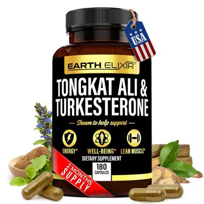 Earth Elixir Turkesterone 1000mg and Tongkat Ali 400mg Supplement (180 Capsules) - Made in USA - Max Purity - Tongkat Ali Extract and Turkesterone Supplement for Men - Zero Fillers - Non-GMO