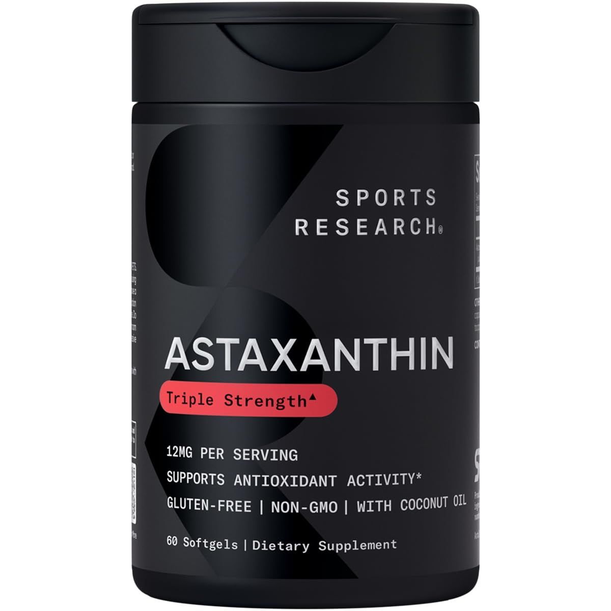 Sports Research Triple Strength Astaxanthin 12mg with Organic Coconut Oil - Antioxidant Supplement, Non-GMO Verified &amp; Gluten Free - 60 Softgels
