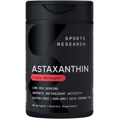 Sports Research Triple Strength Astaxanthin 12mg with Organic Coconut Oil - Antioxidant Supplement, Non-GMO Verified &amp; Gluten Free - 60 Softgels