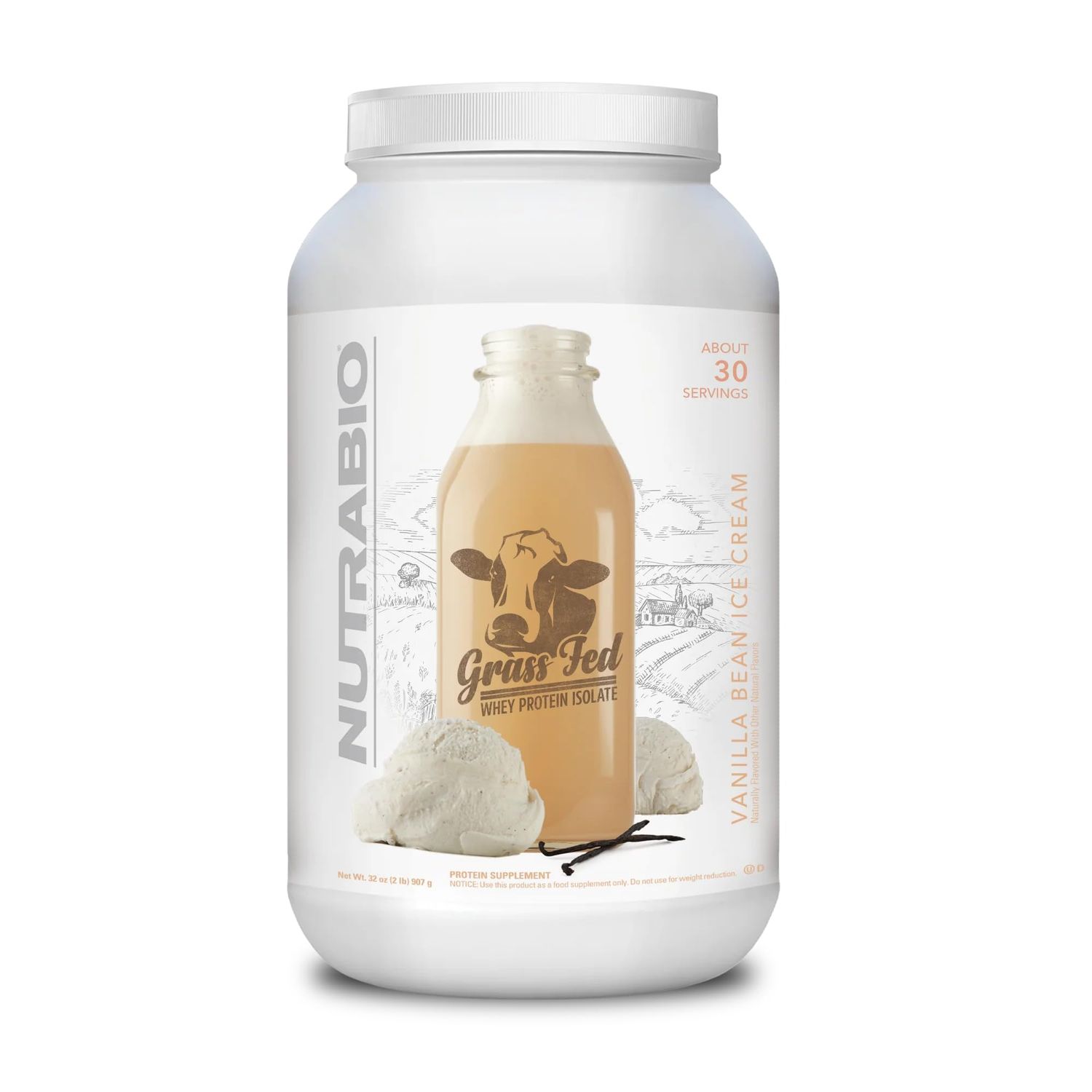 NutraBio Grass Fed Whey Isolate Protein Powder - 25G of Protein Per Scoop - Sugar Free Natural Lean Muscle Protein Supplement - Vanilla Bean- 2 Pounds, 29 Servings.