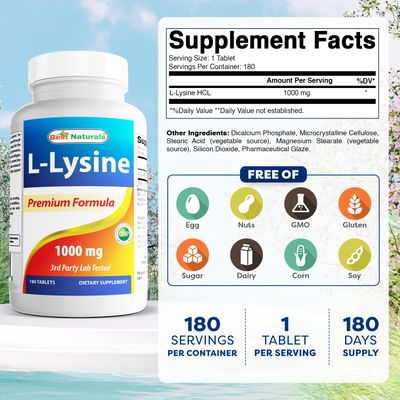 Best Naturals L-Lysine 1000mg 180 Tablets - Double Strength Lysine for stronger immune health &amp; cold sores