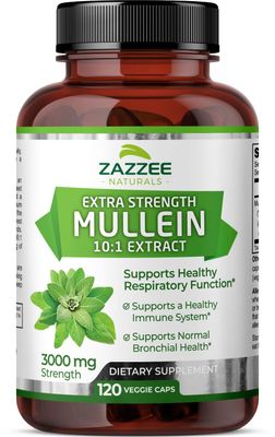 Zazzee Extra Strength Mullein 10:1 Extract, 3000 mg Strength, 120 Vegan Capsules, 4 Month Supply, Standardized 10X Extract, 100% Pure Leaf Powder, All-Natural and Non-GMO, Made in The USA