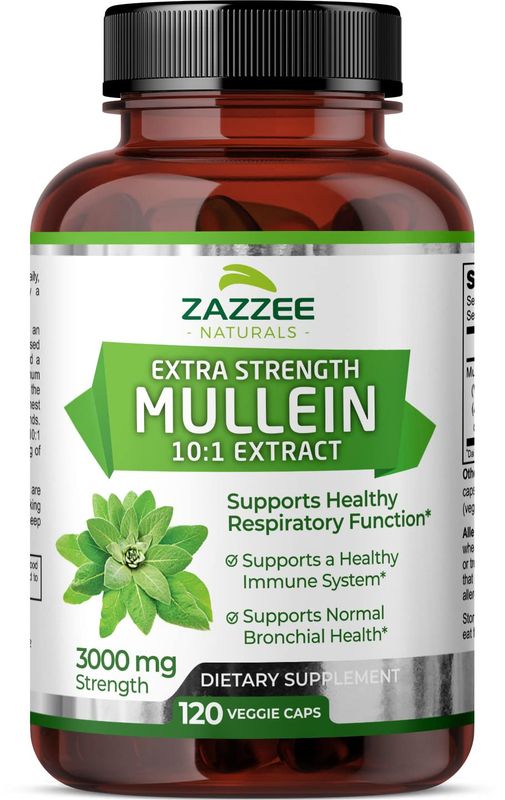 Zazzee Extra Strength Mullein 10:1 Extract, 3000 mg Strength, 120 Vegan Capsules, 4 Month Supply, Standardized 10X Extract, 100% Pure Leaf Powder, All-Natural and Non-GMO, Made in The USA