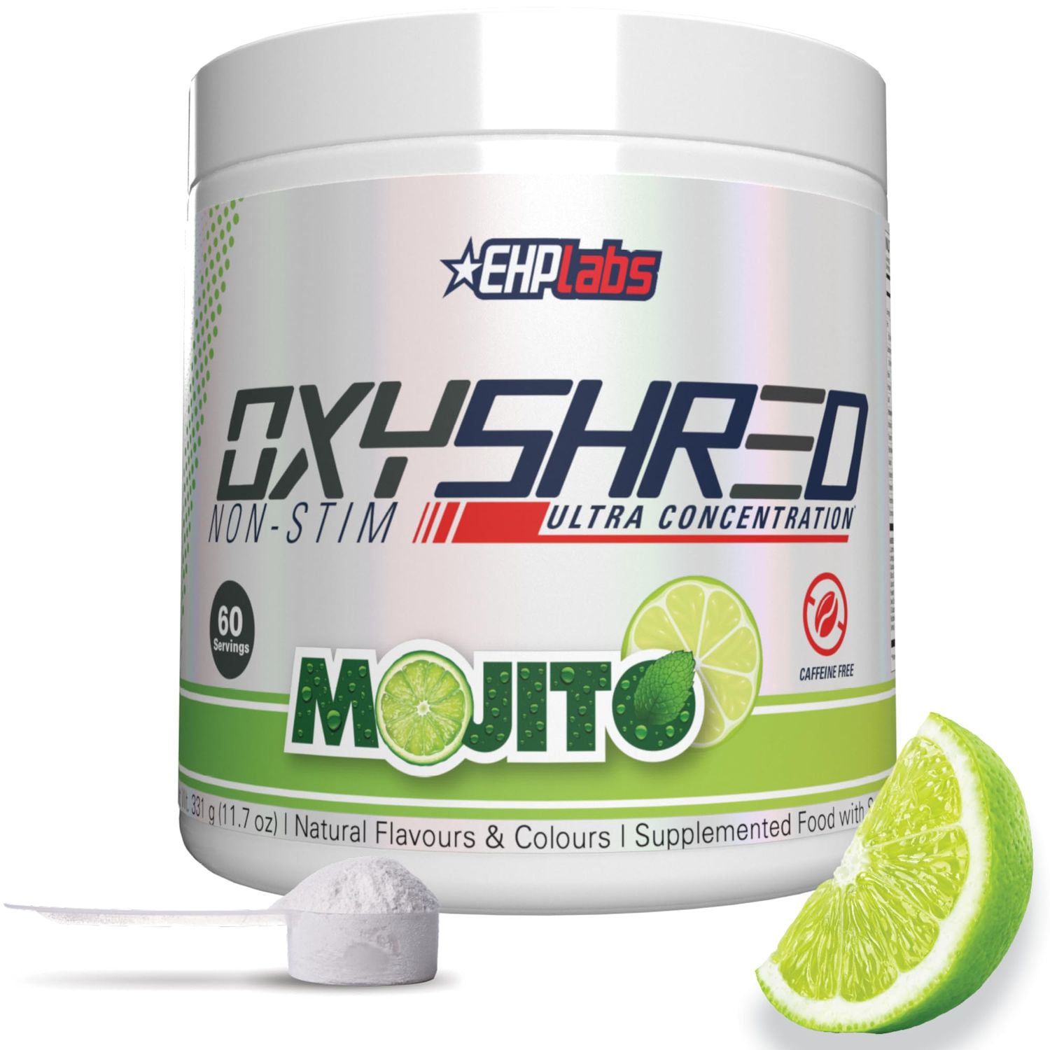 EHP Labs OxyShred Non Stimulant Pre Workout Powder - Stim Free Pre Workout, Caffeine Free Preworkout for Men &amp; Women - Non Stim Preworkout - Sugar Free Energy Powder - Mojito, 60 Servings