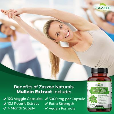 Zazzee Extra Strength Mullein 10:1 Extract, 3000 mg Strength, 120 Vegan Capsules, 4 Month Supply, Standardized 10X Extract, 100% Pure Leaf Powder, All-Natural and Non-GMO, Made in The USA