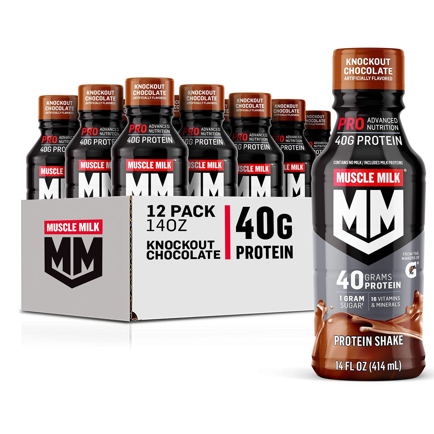 Muscle Milk Pro Advanced Nutrition Protein Shake, Knockout Chocolate, 14 Fl Oz Bottle, 12 Pack, 40g Protein, 1g Sugar, 16 Vitamins &amp; Minerals, 6g Fiber, Workout Recovery, Packaging May Vary