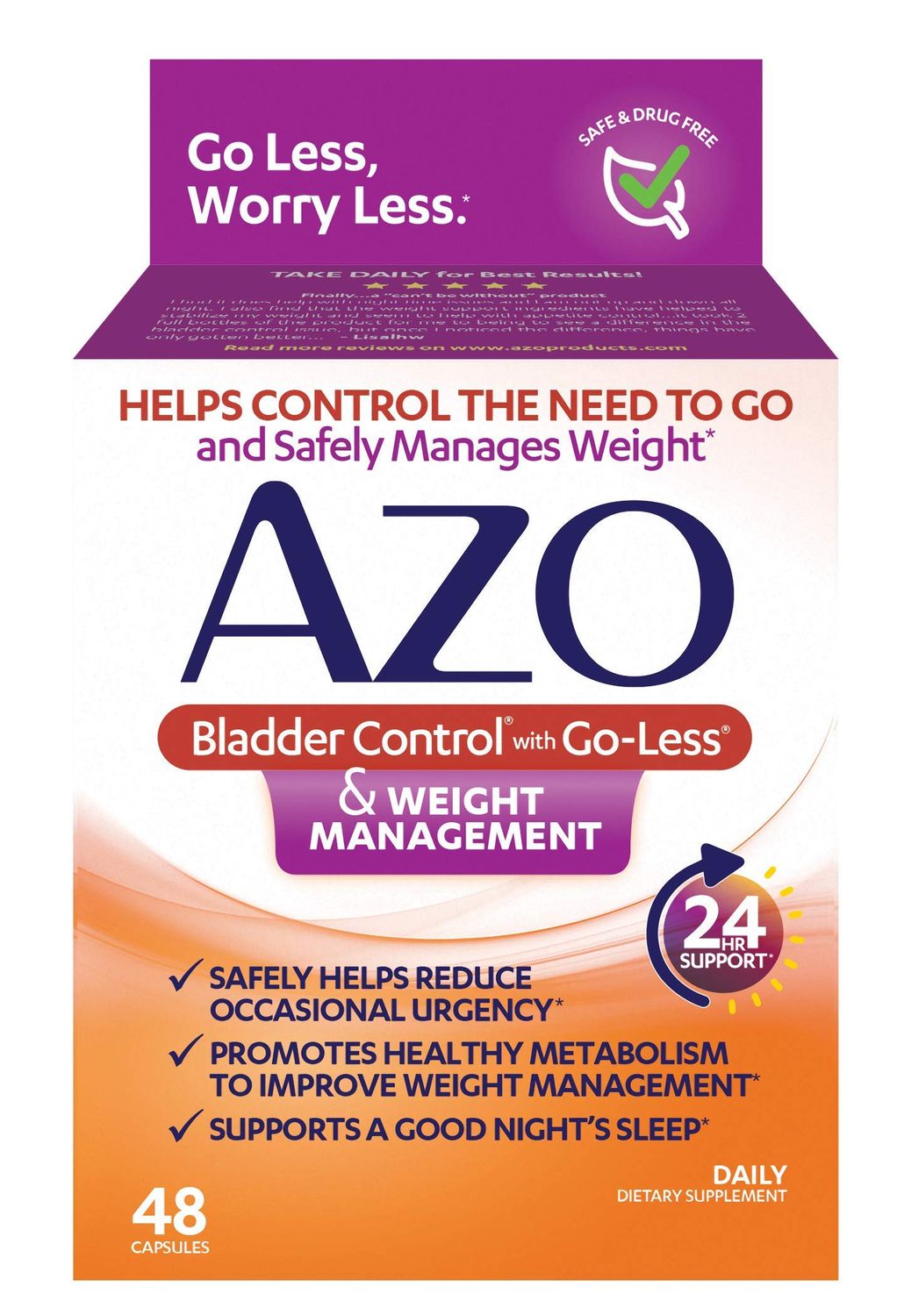 AZO Bladder Control with Go-Less &amp; Weight Management Dietary Supplement | Helps Reduce Occasional Urgency* | Promotes Healthy Metabolism* | Supports a Good Nights Sleep* | 48 Capsules