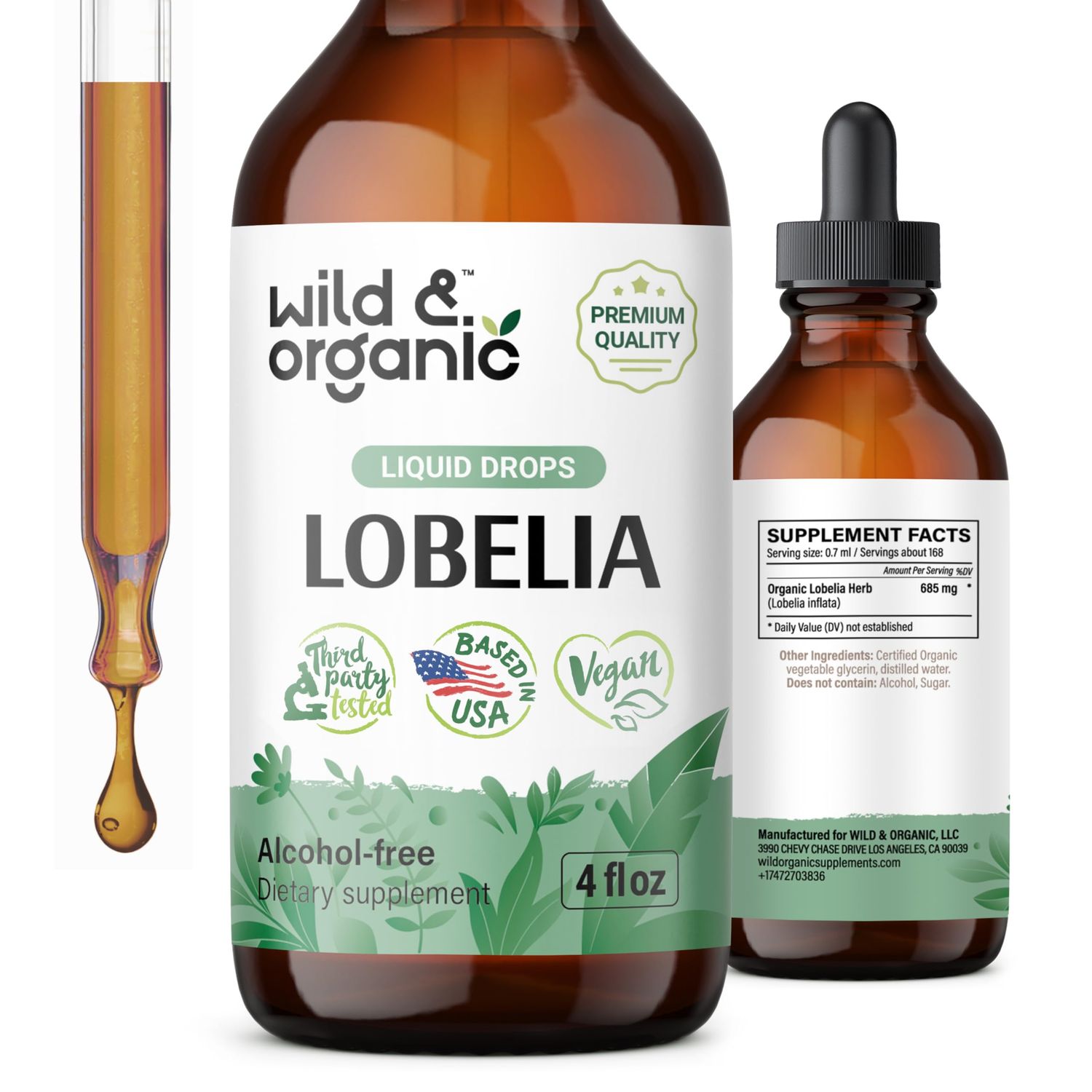Wild &amp; Organic Lobelia Tincture - Lung Health Supplements w/Lobelia Herb - Lobelia Inflata Drops - Vegan, Alcohol Free - 4 fl oz