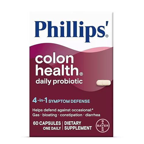 Phillips&#39; Colon Health Daily Probiotic Capsules, 4-in-1 Symptom Defense to help defend against Occasional Gas, Bloating, Constipation, and Diarrhea, Daily Supplement, 60 Count