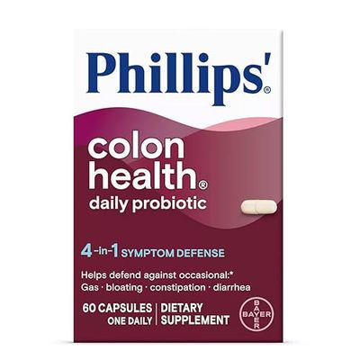 Phillips&#39; Colon Health Daily Probiotic Capsules, 4-in-1 Symptom Defense to help defend against Occasional Gas, Bloating, Constipation, and Diarrhea, Daily Supplement, 60 Count