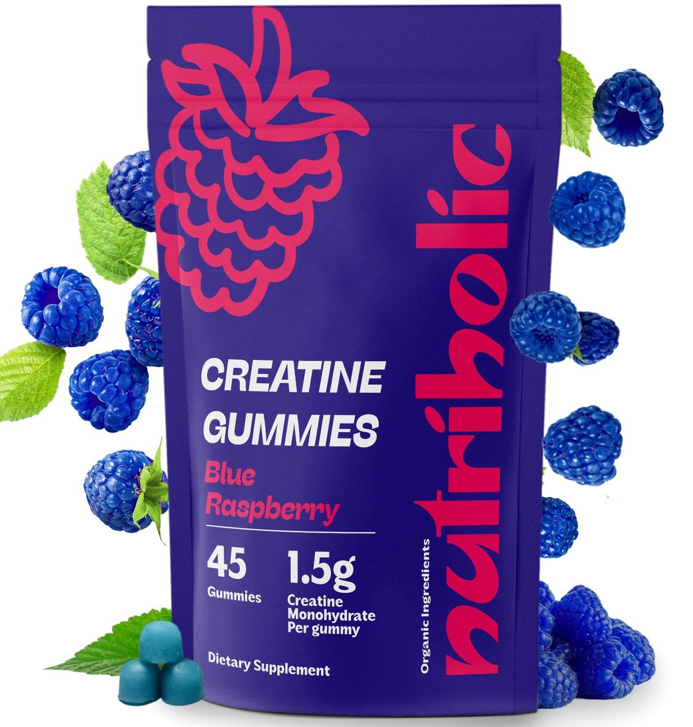 Nutriholic Creatine Monohydrate Gummies for Men and Women - Easy to Digest, Vegan, Gluten-Free, Non-GMO, 1.5g of Creatine per Gummy - 45ct (45 Count, Blue Raspberry)