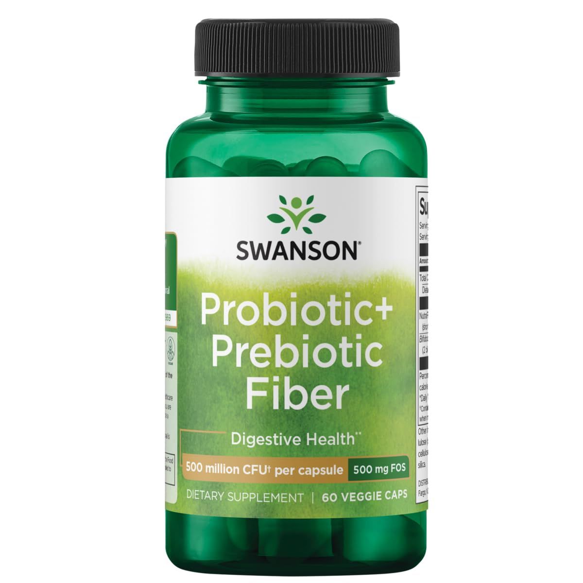 Swanson Prebiotic + Probiotic Fiber - Natural Supplement Promoting Digestive System &amp; Immune Health Support - Aids Regularity &amp; GI Tract Health - (60 Capsules, 500 Million CFU Each)