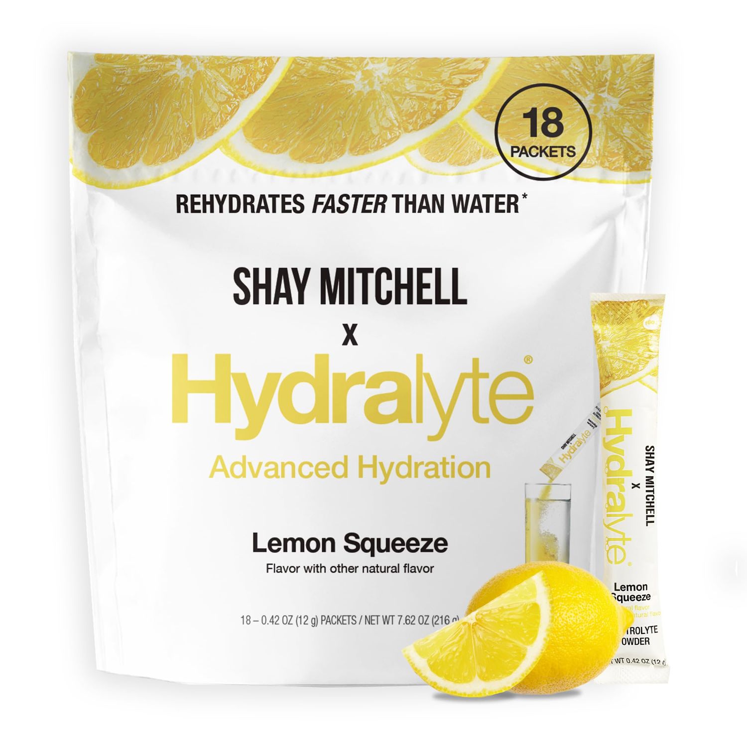 Hydralyte Shay Mitchell Low Sugar Rapid Rehydration - Lightly Sparkling Electrolyte Powder Packets, Lemon Squeeze | Travel Essential - Workout Essential - Recovery Powder (18 Count)