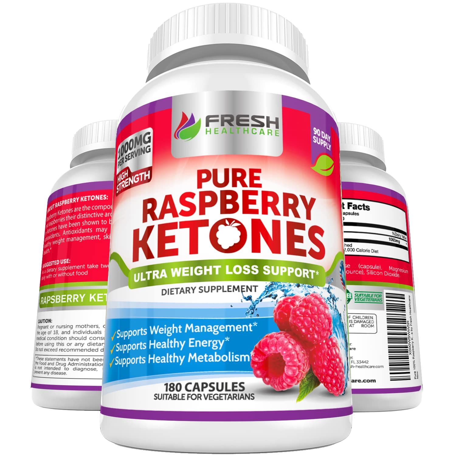 FRESH HEALTHCARE Pure 100% Raspberry Ketones Max 1000mg Per Serving - 3 Month Supply Non GMO - Advanced Weight Loss Support - 180 Capsules
