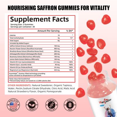Saffron Gummies for Adults Kids - Organic Saffron Extract Supplement for Men Women Sugar Free for Mood Balance Support Better Sleep Metabolism with Vitamins Non GMO Strawberry Flavored 60 Days Supply