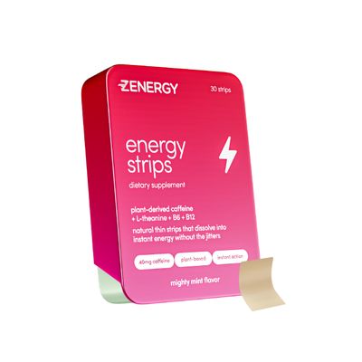 ZENERGY Energy Oral Strips - Mint Flavor | 40mg Caffeine + 30mg L-Theanine + 100% Vitamin B6 &amp; B12 | 0 Sugar, 0 Calories, 0 Gluten, 0 Aspartame, Vegan, Plant-Based, Instant Action | 1 Tin = 30 Strips