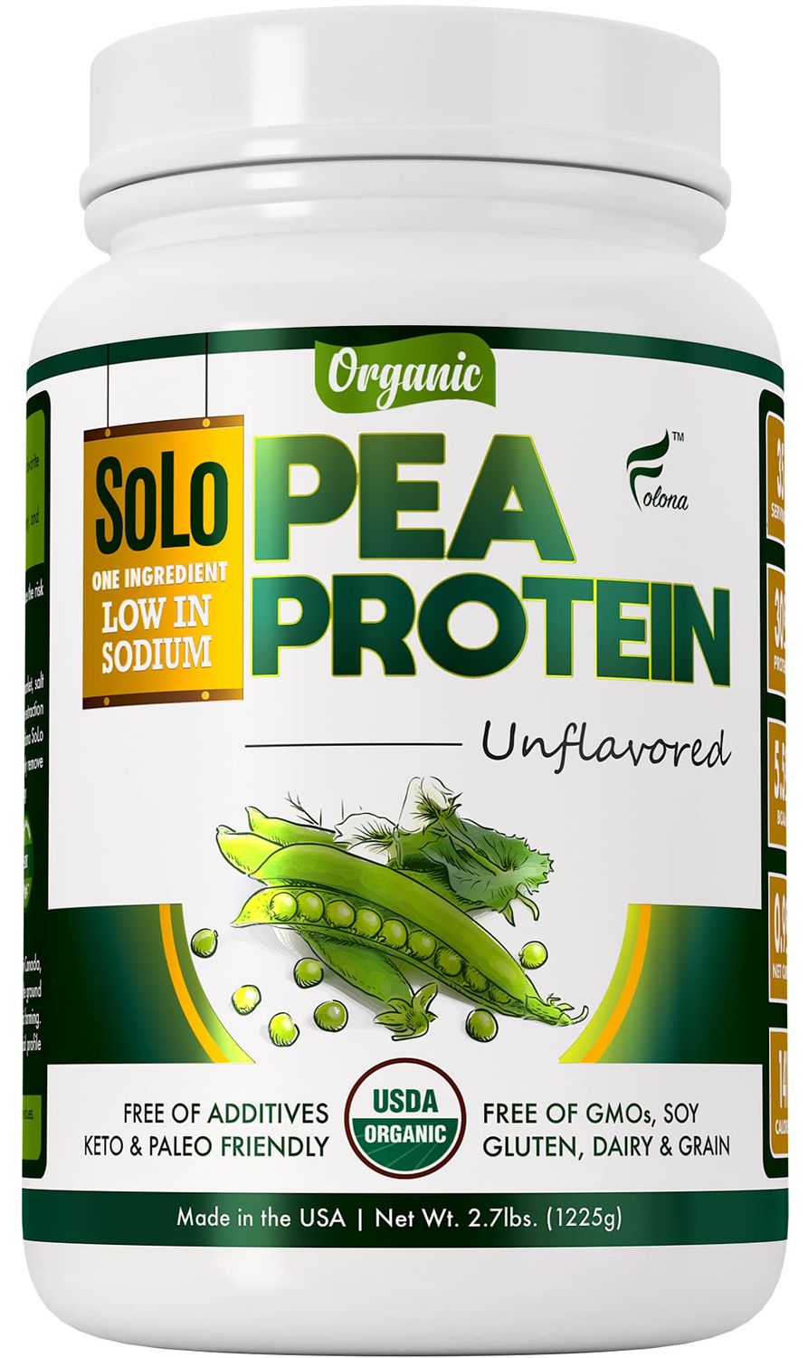 SOLO Organic Pea Protein Isolate, Low in Sodium, Canada Grown Peas, 100% Vegan, Non-GMO, Unflavored Plant Based Protein Powder with BCAA, Keto &amp; Paleo Friendly, Easy to Digest, No Additives (2.7 lbs)