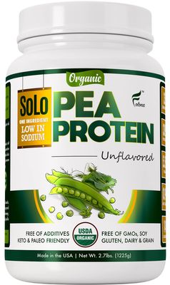 SOLO Organic Pea Protein Isolate, Low in Sodium, Canada Grown Peas, 100% Vegan, Non-GMO, Unflavored Plant Based Protein Powder with BCAA, Keto &amp; Paleo Friendly, Easy to Digest, No Additives (2.7 lbs)