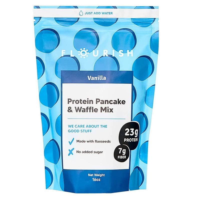 Flourish - Protein Pancake &amp; Waffle Mix, Whey Protein Isolate &amp; Flax Seed, Non-GMO, No Added Sugar, Superfood, High Protein &amp; Fiber, Just Add Water - Vanilla, 16oz