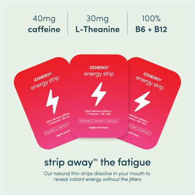ZENERGY Energy Oral Strips - Mint Flavor | 40mg Caffeine + 30mg L-Theanine + 100% Vitamin B6 & B12 | 0 Sugar, 0 Calories, 0 Gluten, 0 Aspartame, Vegan, Plant-Based, Instant Action | 1 Tin = 30 Strips